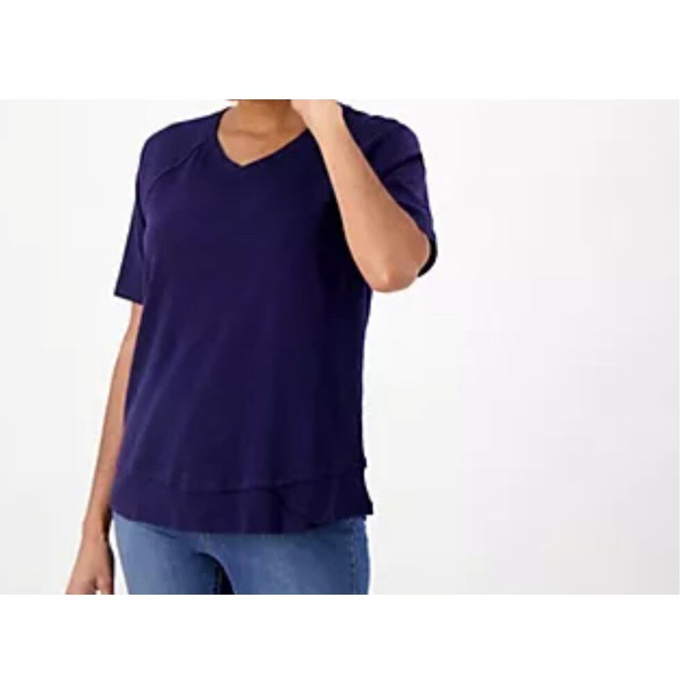 Denim & Co Navy Size XXS Canyon Retreat V Neck Top Raw Hem A630132 NWOT